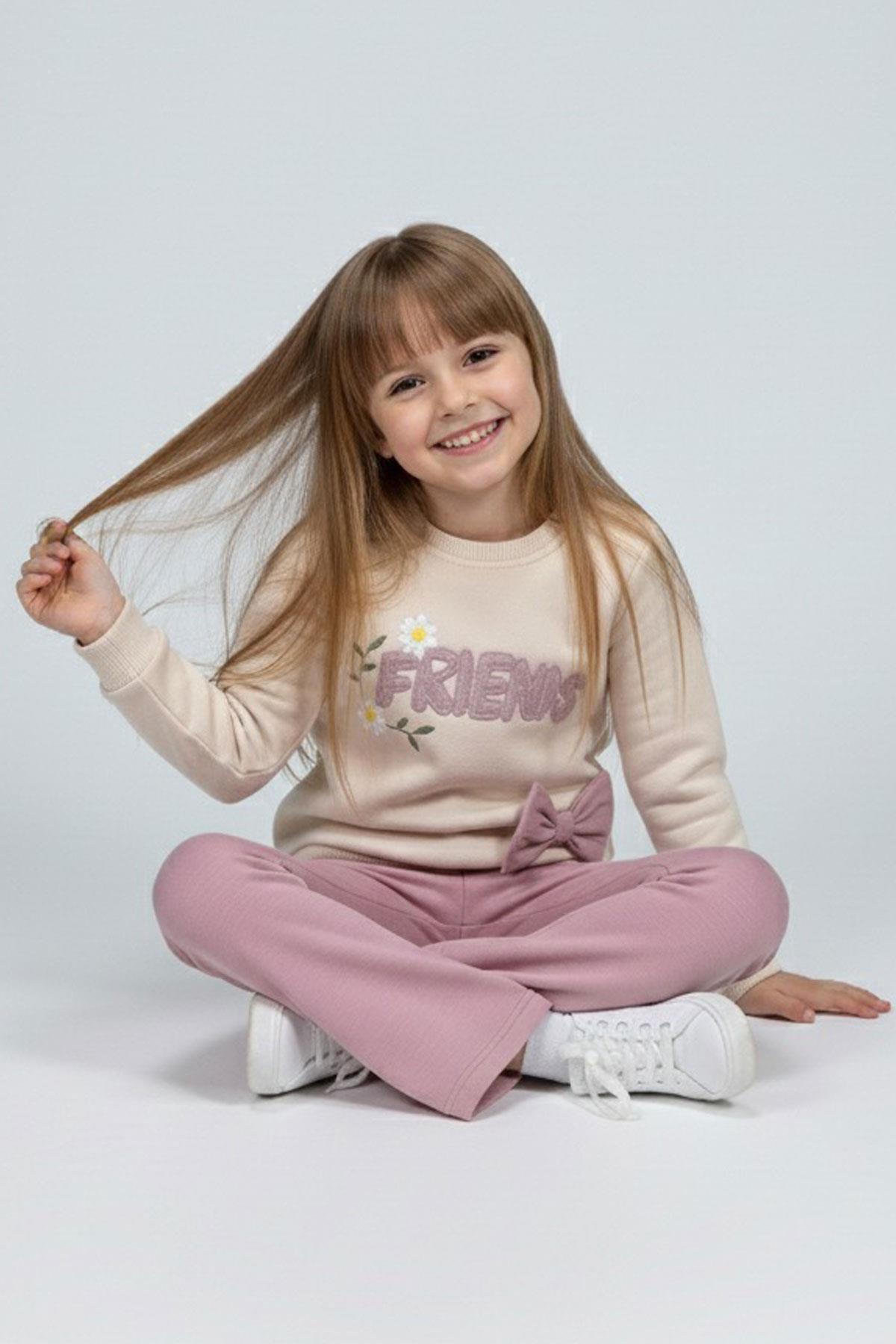 Breeze Kız Çocuk Eşofman Takımı Dostluk Papatyası Nakış Baskılı Bej (2-6 Yaş)