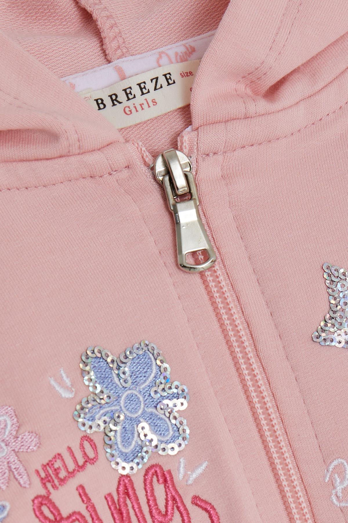 Breeze Kız Çocuk Eşofman Takımı Fermuarlı Yazı Nakışlı Pudra (1.5-5 Yaş)
