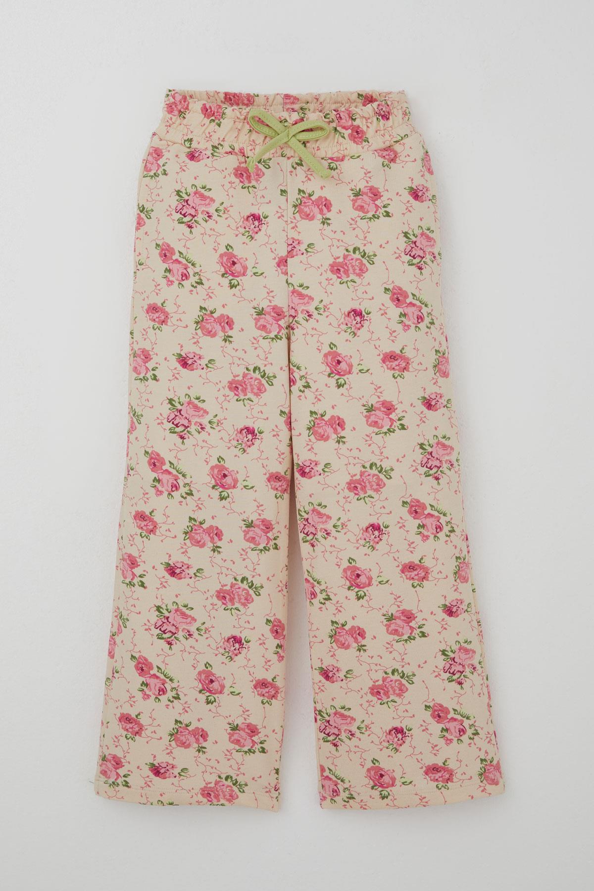 Breeze Kız Çocuk Eşofman Takımı Fiyonk Baskılı Pantolonu Çiçek Desenli Fıstık Yeşili (1.5-5 Yaş)