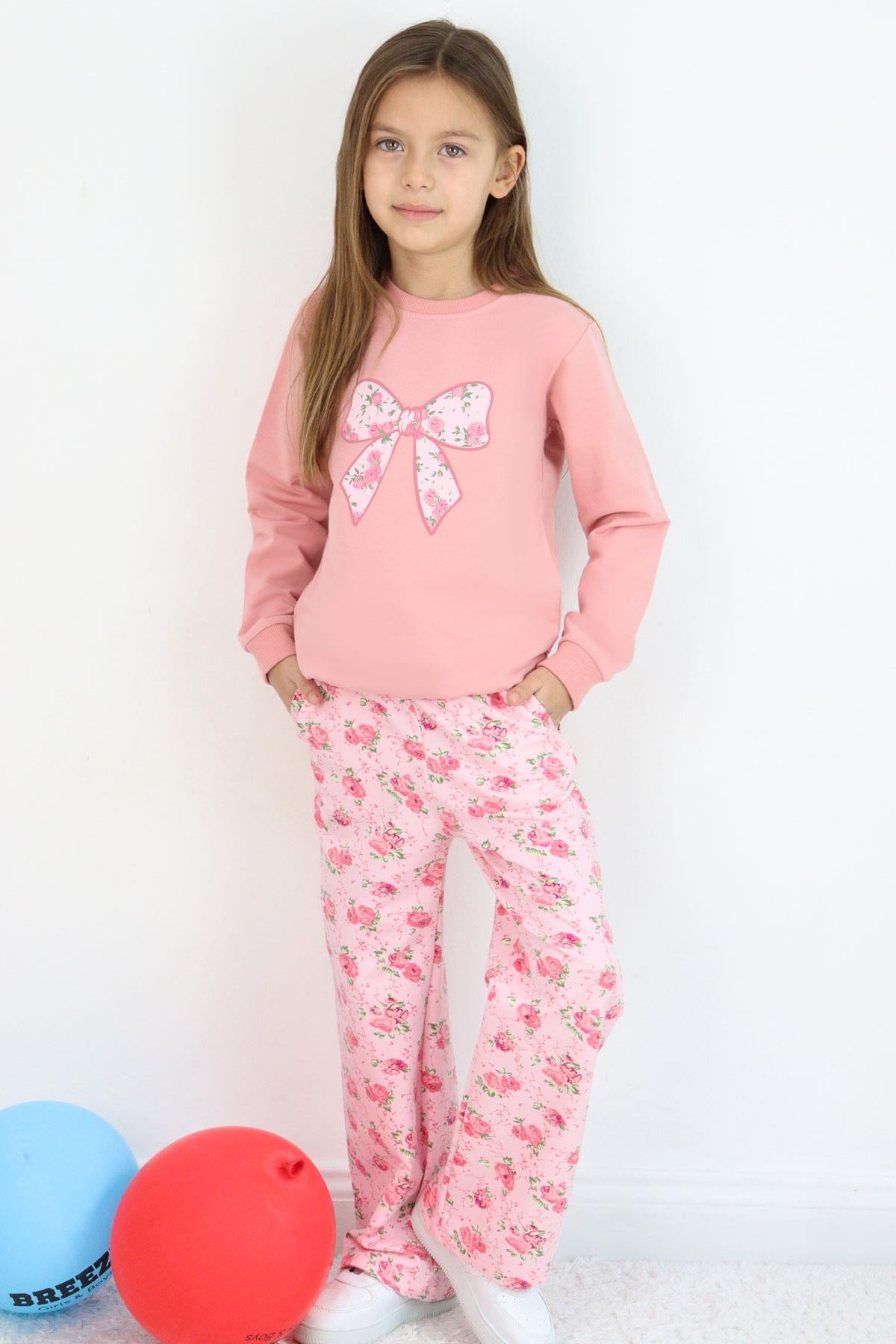 Breeze Kız Çocuk Eşofman Takımı Fiyonk Baskılı Pantolonu Çiçek Desenli Gülkurusu (1.5-5 Yaş)