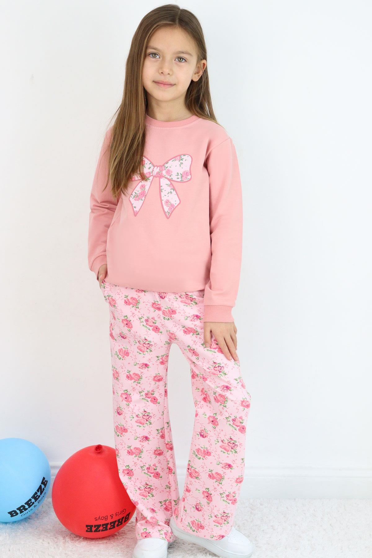Breeze Kız Çocuk Eşofman Takımı Fiyonk Baskılı Pantolonu Çiçek Desenli Gülkurusu (1.5-5 Yaş)