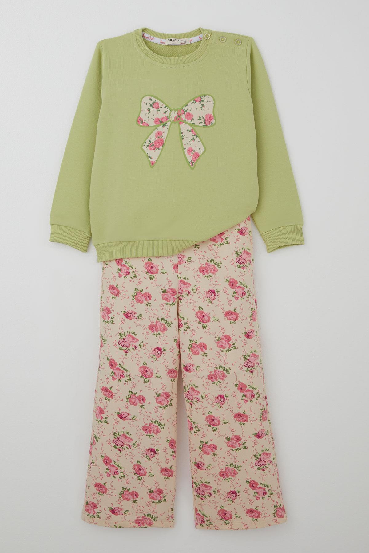 Breeze Kız Çocuk Eşofman Takımı Fiyonk Baskılı Pantolonu Çiçek Desenli Fıstık Yeşili (1.5-5 Yaş)