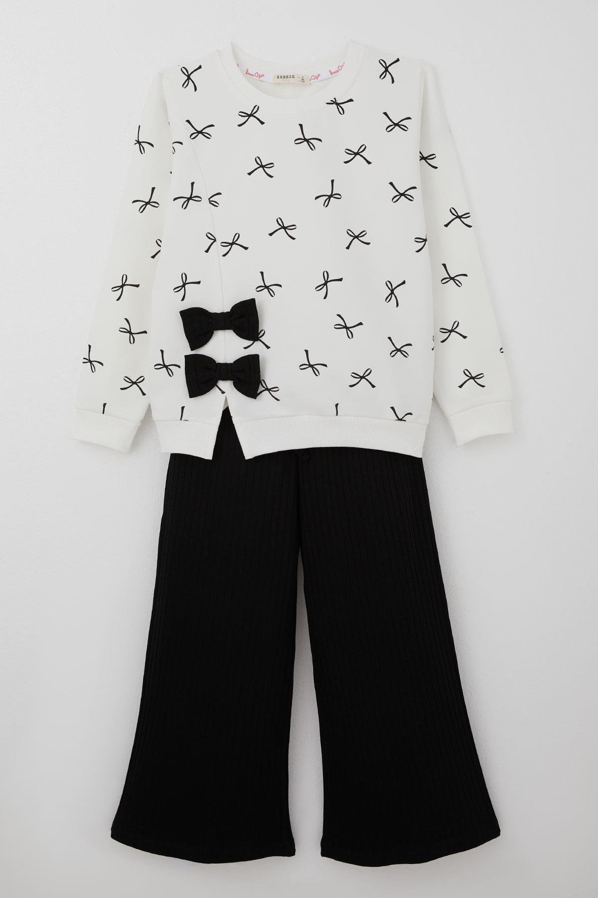 Breeze Kız Çocuk Eşofman Takımı Fiyonk Detaylı Bağcık Aksesuarlı Ekru (7-12 Yaş)