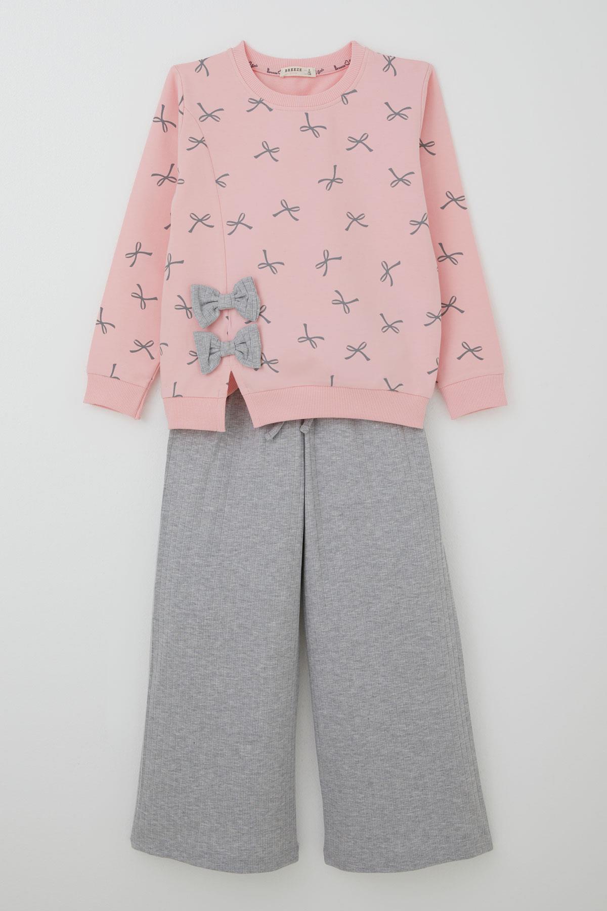 Breeze Kız Çocuk Eşofman Takımı Fiyonk Detaylı Bağcık Aksesuarlı Pembe (7-12 Yaş)