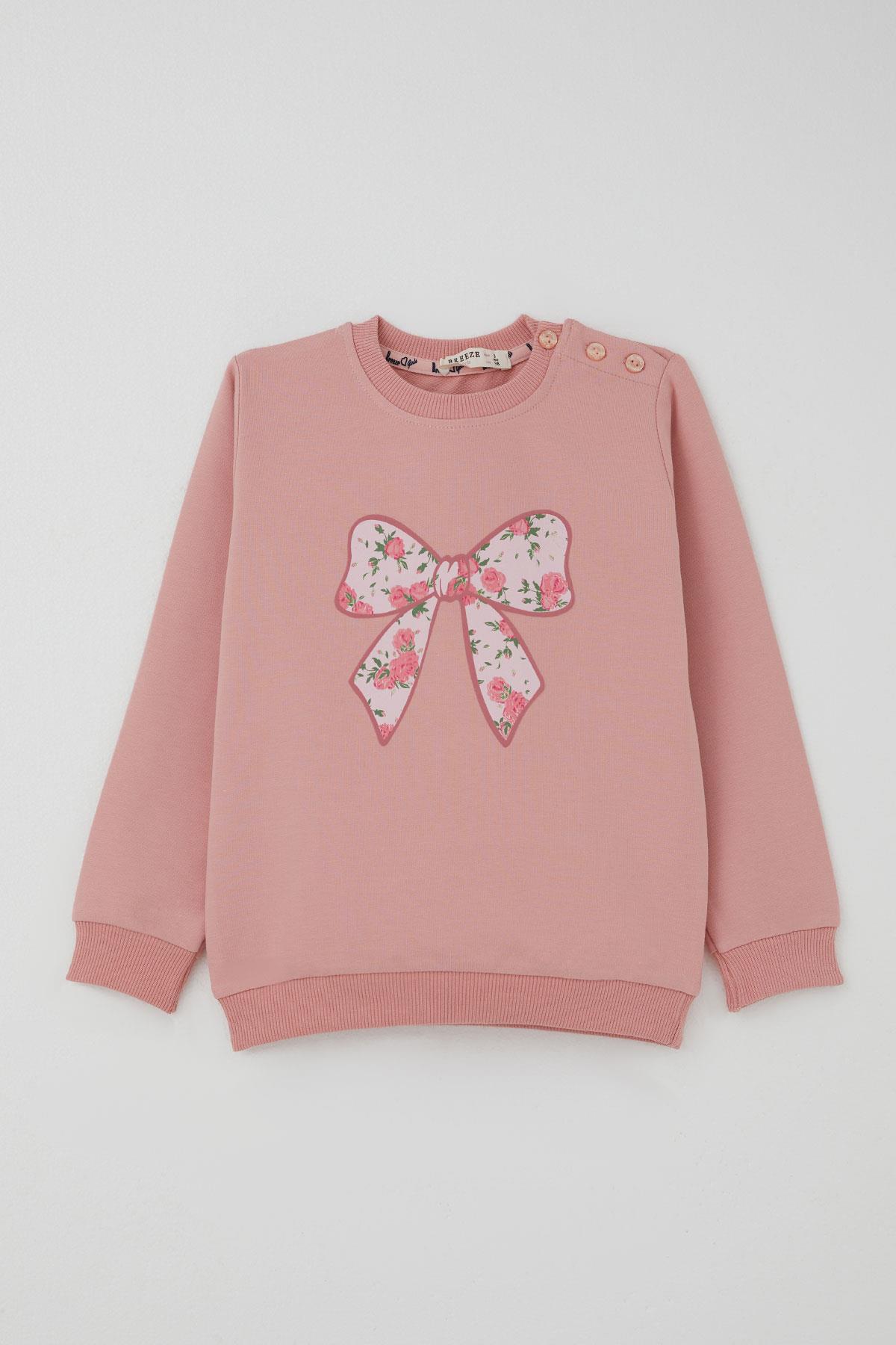 Breeze Kız Çocuk Eşofman Takımı Fiyonk Baskılı Pantolonu Çiçek Desenli Gülkurusu (1.5-5 Yaş)