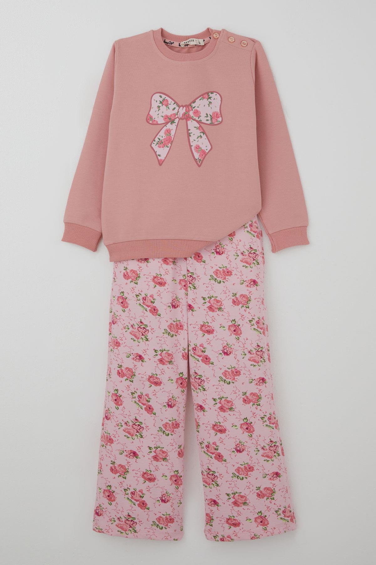 Breeze Kız Çocuk Eşofman Takımı Fiyonk Baskılı Pantolonu Çiçek Desenli Gülkurusu (1.5-5 Yaş)