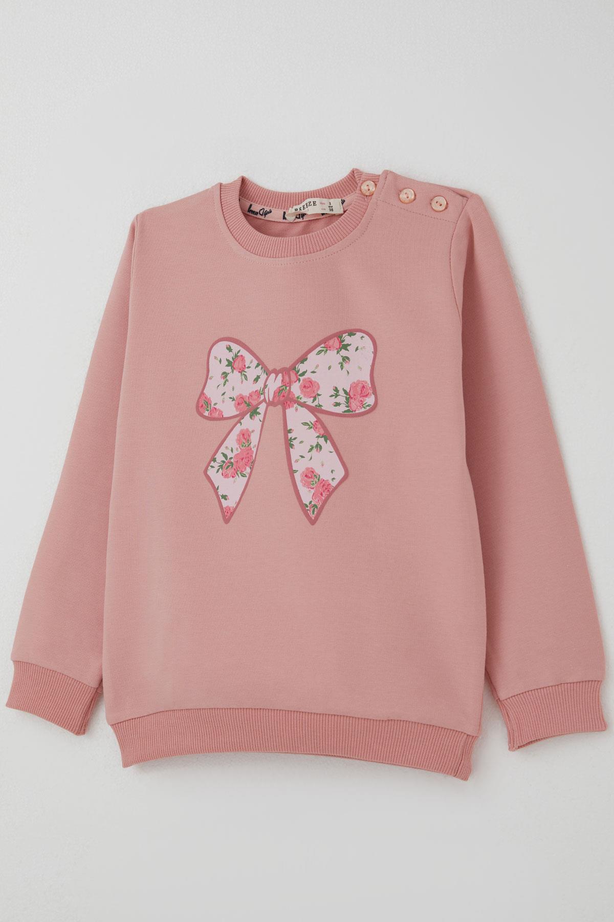 Breeze Kız Çocuk Eşofman Takımı Fiyonk Baskılı Pantolonu Çiçek Desenli Gülkurusu (1.5-5 Yaş)