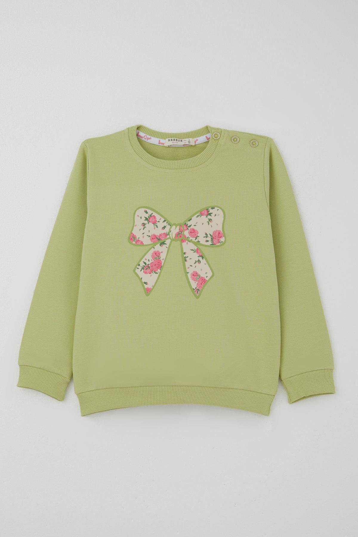 Breeze Kız Çocuk Eşofman Takımı Fiyonk Baskılı Pantolonu Çiçek Desenli Fıstık Yeşili (1.5-5 Yaş)