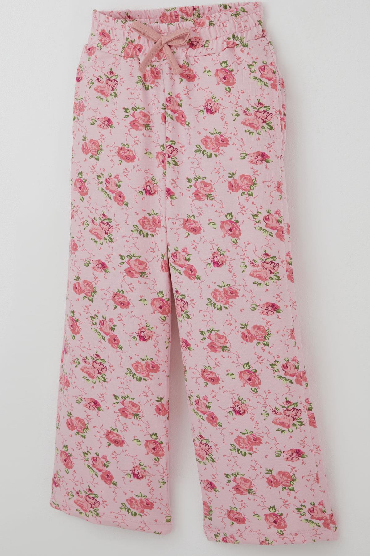 Breeze Kız Çocuk Eşofman Takımı Fiyonk Baskılı Pantolonu Çiçek Desenli Gülkurusu (1.5-5 Yaş)