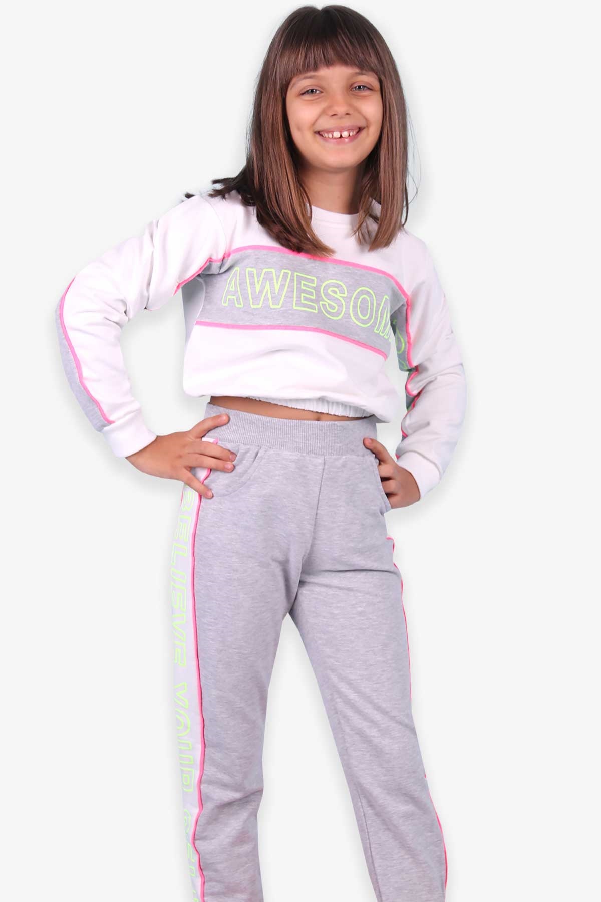 Breeze Kız Çocuk Eşofman Takımı Göbek Üstü Baskılı Ekru (6-10 Yaş)