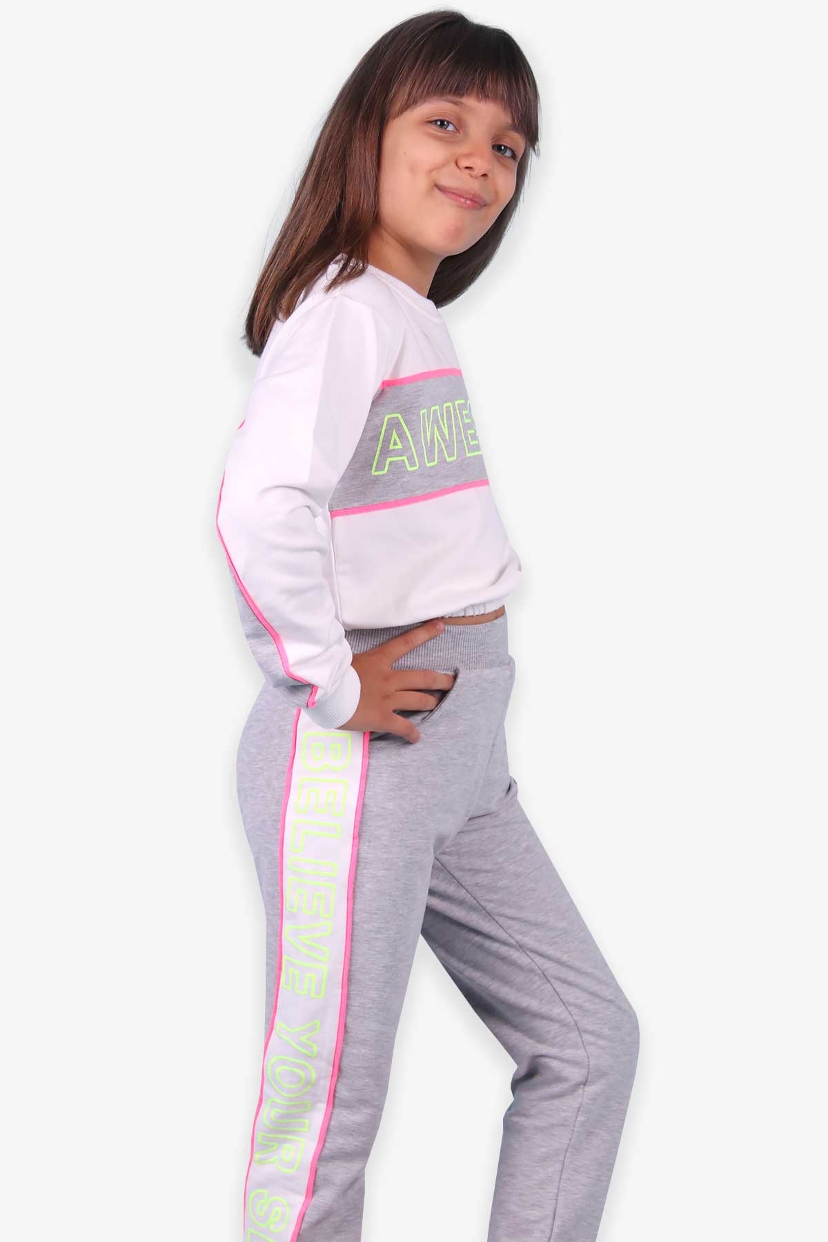 Breeze Kız Çocuk Eşofman Takımı Göbek Üstü Baskılı Ekru (6-10 Yaş)