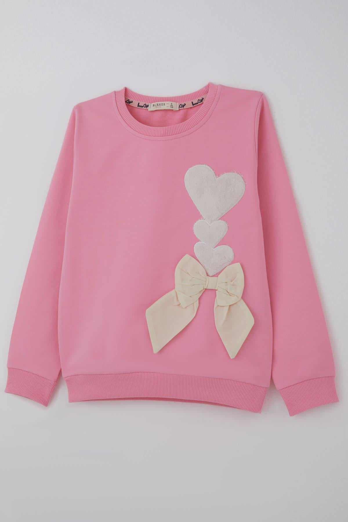 Breeze Kız Çocuk Eşofman Takımı Kalp Nakışlı Fiyonklu Pembe (4-9 Yaş)