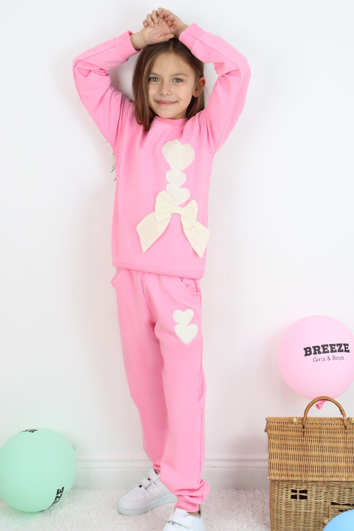 Breeze Kız Çocuk Eşofman Takımı Kalp Nakışlı Fiyonklu Pembe (4-9 Yaş)