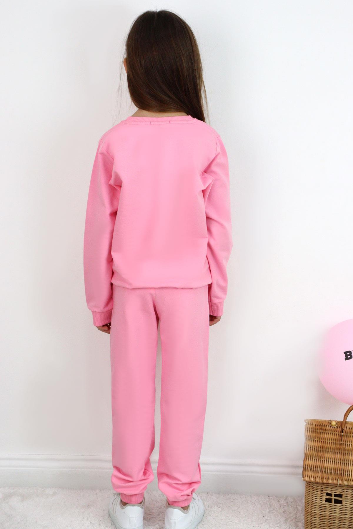 Breeze Kız Çocuk Eşofman Takımı Kalp Nakışlı Fiyonklu Pembe (4-9 Yaş)
