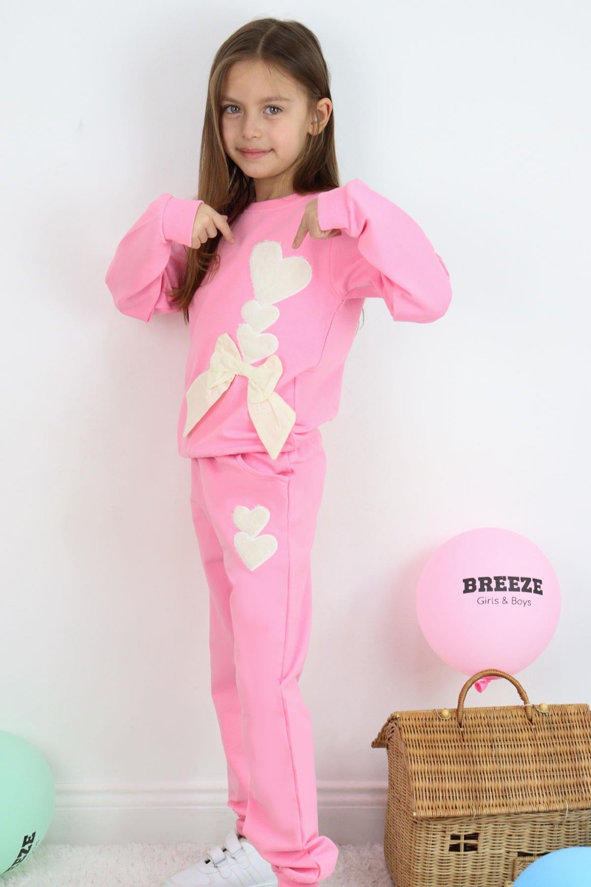 Breeze Kız Çocuk Eşofman Takımı Kalp Nakışlı Fiyonklu Pembe (4-9 Yaş)