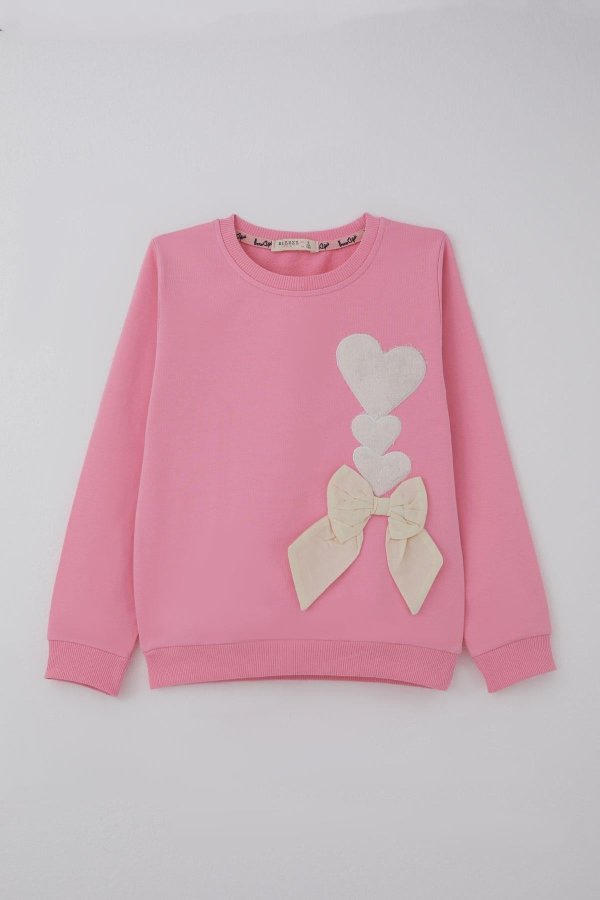 Breeze Kız Çocuk Eşofman Takımı Kalp Nakışlı Fiyonklu Pembe (4-9 Yaş)