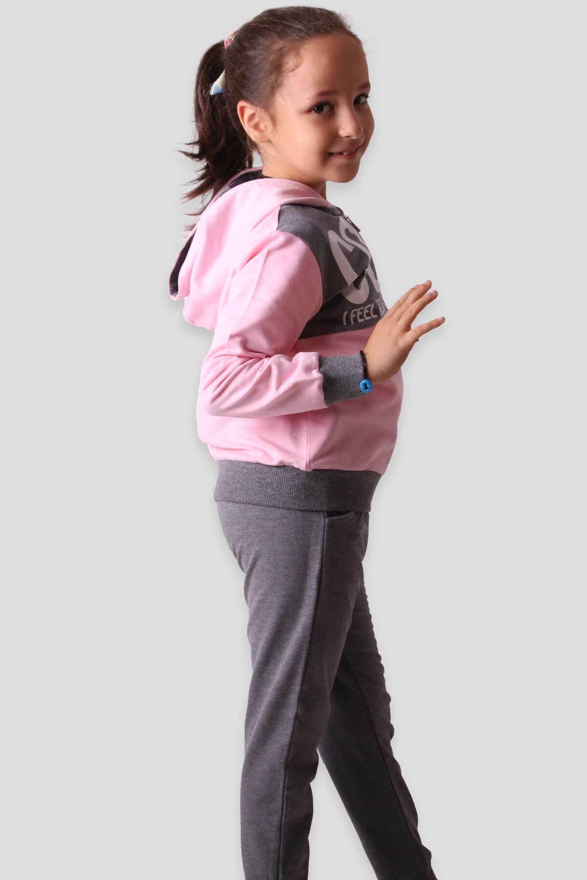 Breeze Kız Çocuk Eşofman Takımı Kapüşonlu Pembe-Gri (6-8 Yaş)