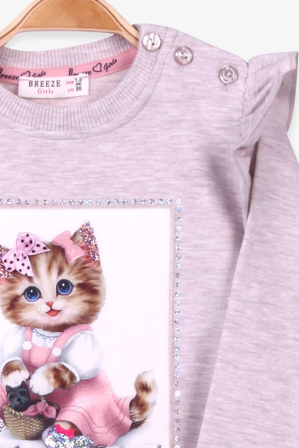 Breeze Kız Çocuk Eşofman Takımı Kedi Aplikeli Bej Melanj (1.5-5 Yaş)