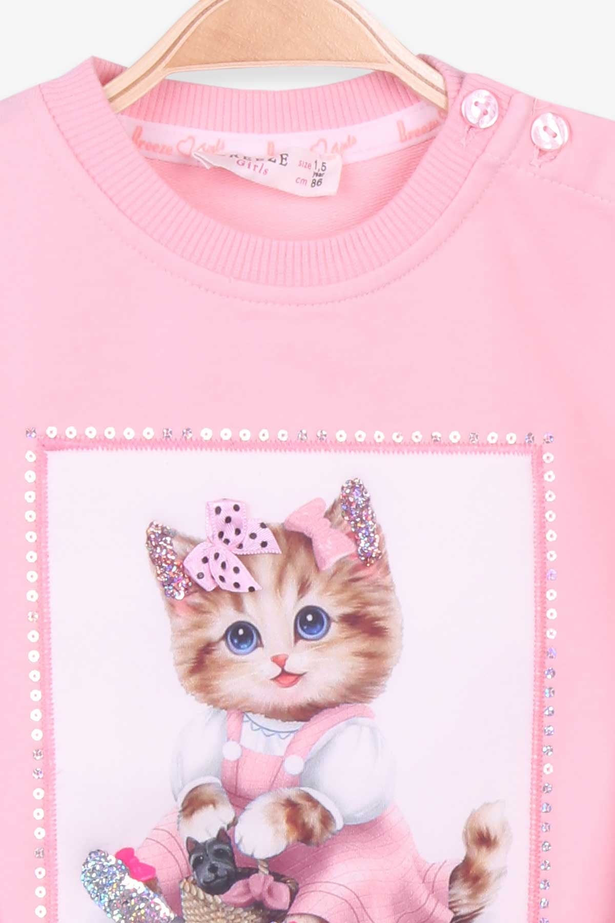 Breeze Kız Çocuk Eşofman Takımı Kedi Aplikeli Pudra (1.5-5 Yaş)