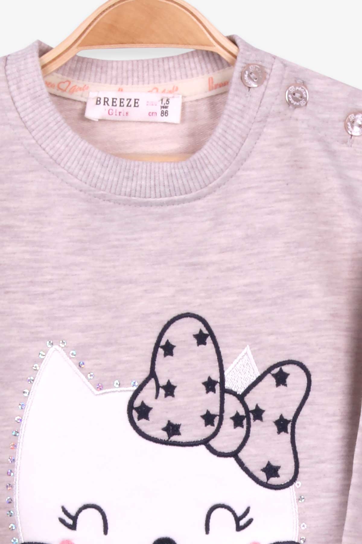 Breeze Kız Çocuk Eşofman Takımı Kedi Nakışlı Bej Melanj (1.5-5 Yaş)