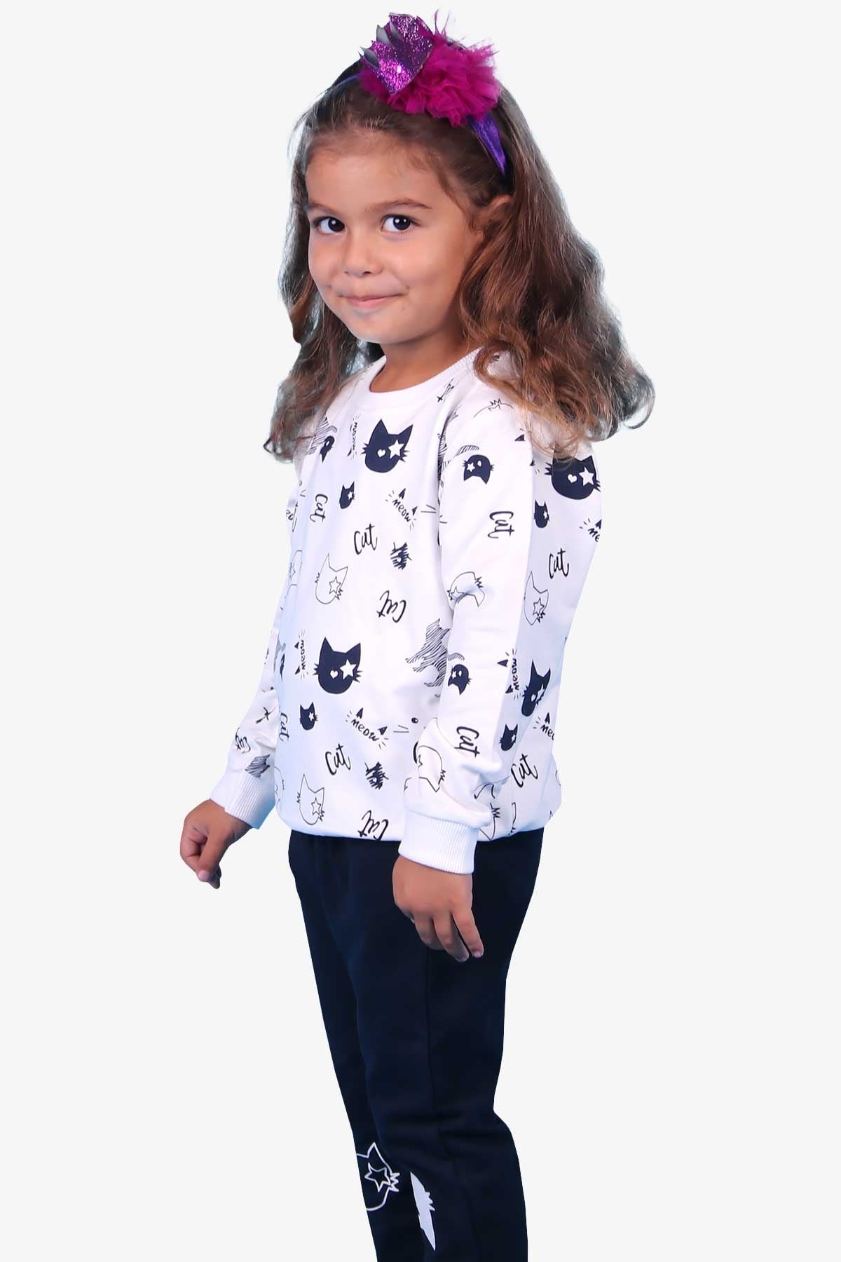 Breeze Kız Çocuk Eşofman Takımı Kedili Beyaz (1-4 Yaş)
