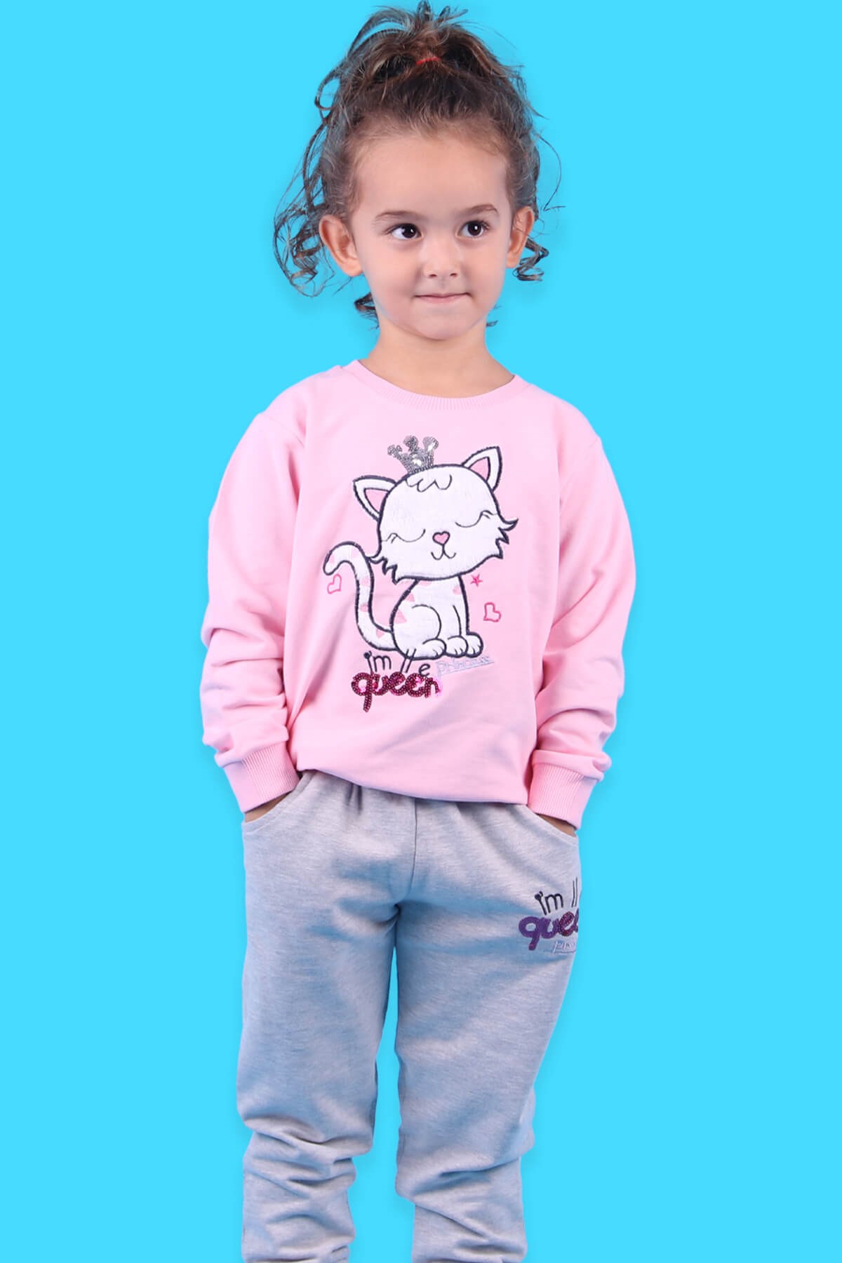 Breeze Kız Çocuk Eşofman Takımı Kedili Pullu Pembe (1.5-5 Yaş)
