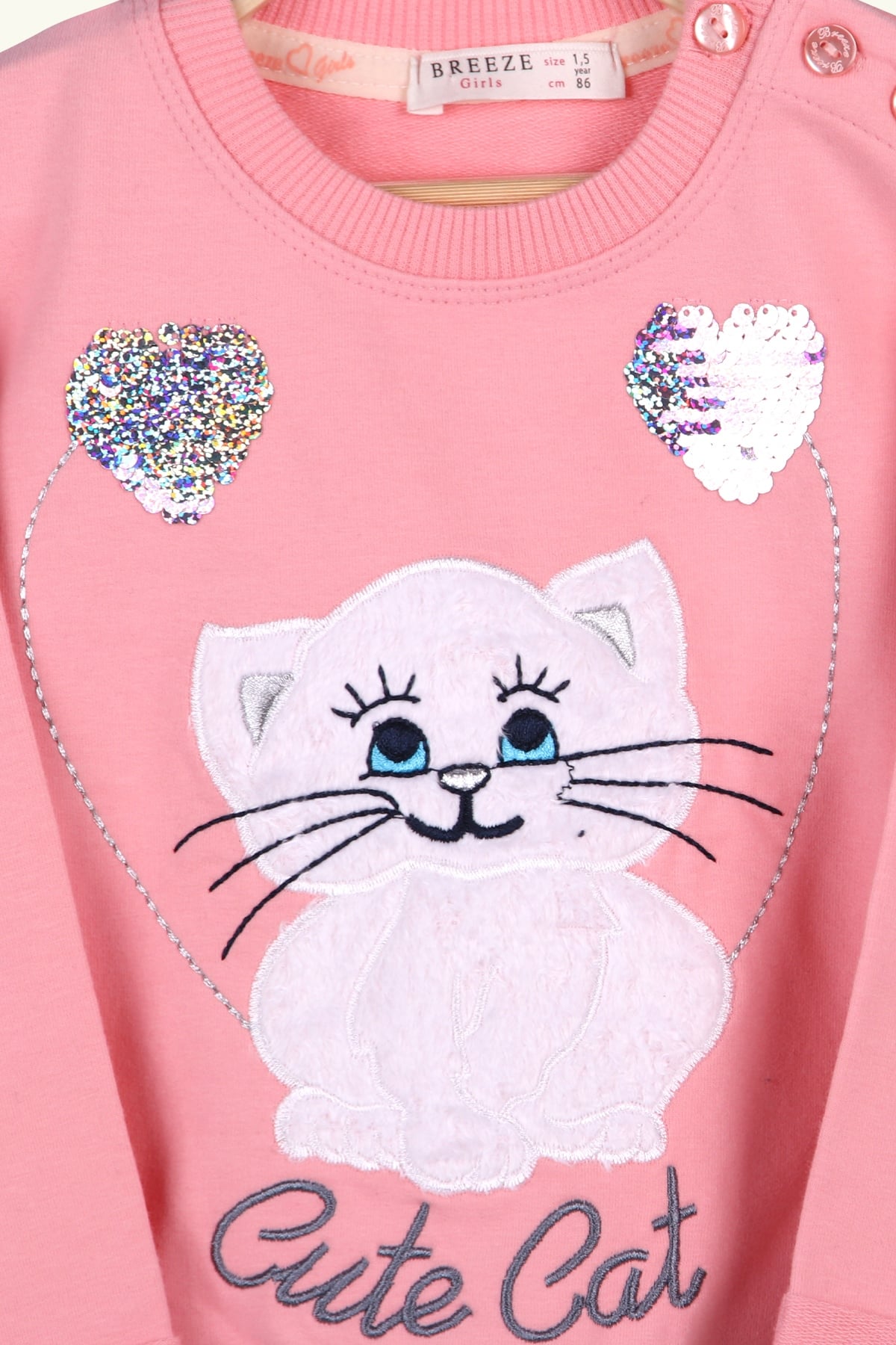 Breeze Kız Çocuk Eşofman Takımı Pullu Kedili Pembe-Gri (1.5-5 Yaş)