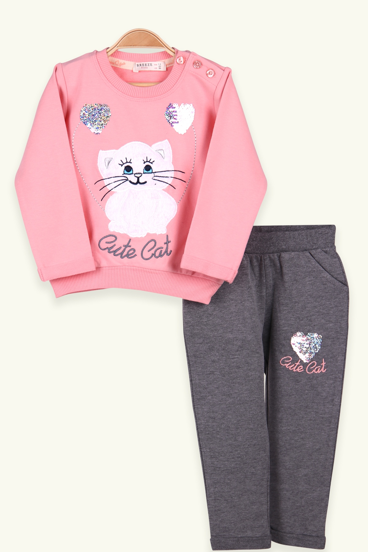 Breeze Kız Çocuk Eşofman Takımı Pullu Kedili Pembe-Gri (1.5-5 Yaş)