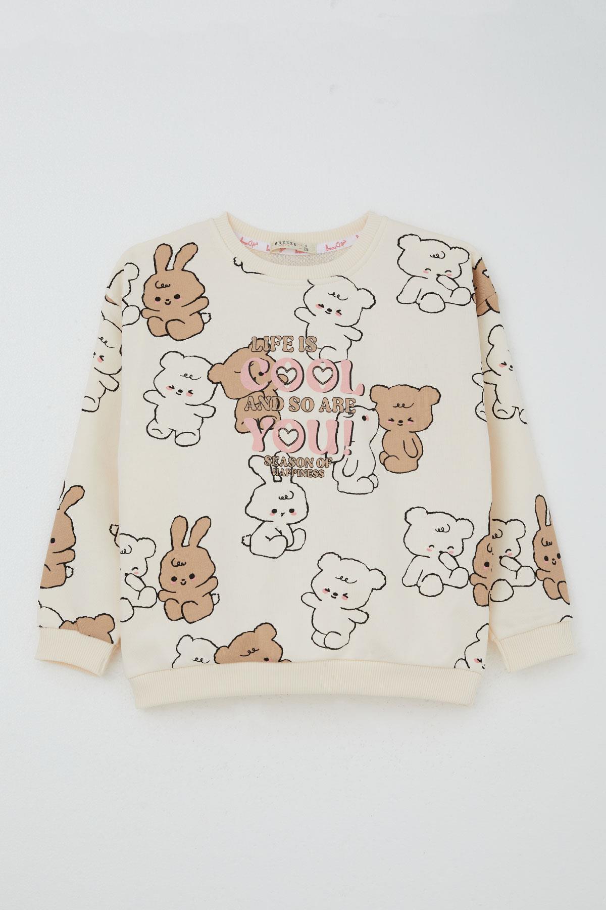 Breeze Kız Çocuk Eşofman Takımı Sevimli Dostlar Krem (4-8 Yaş)