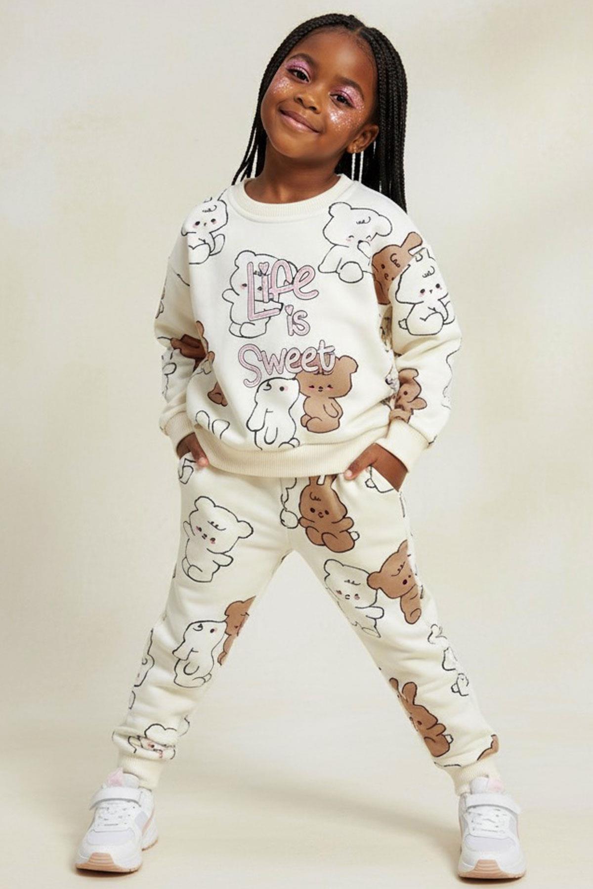 Breeze Kız Çocuk Eşofman Takımı Sevimli Dostlar Krem (2-6 Yaş)