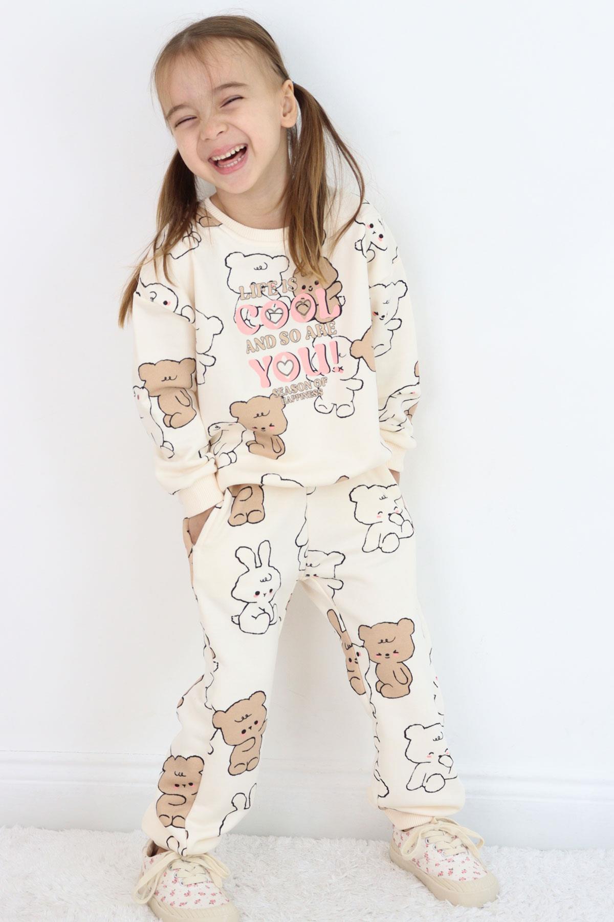Breeze Kız Çocuk Eşofman Takımı Sevimli Dostlar Krem (4-8 Yaş)