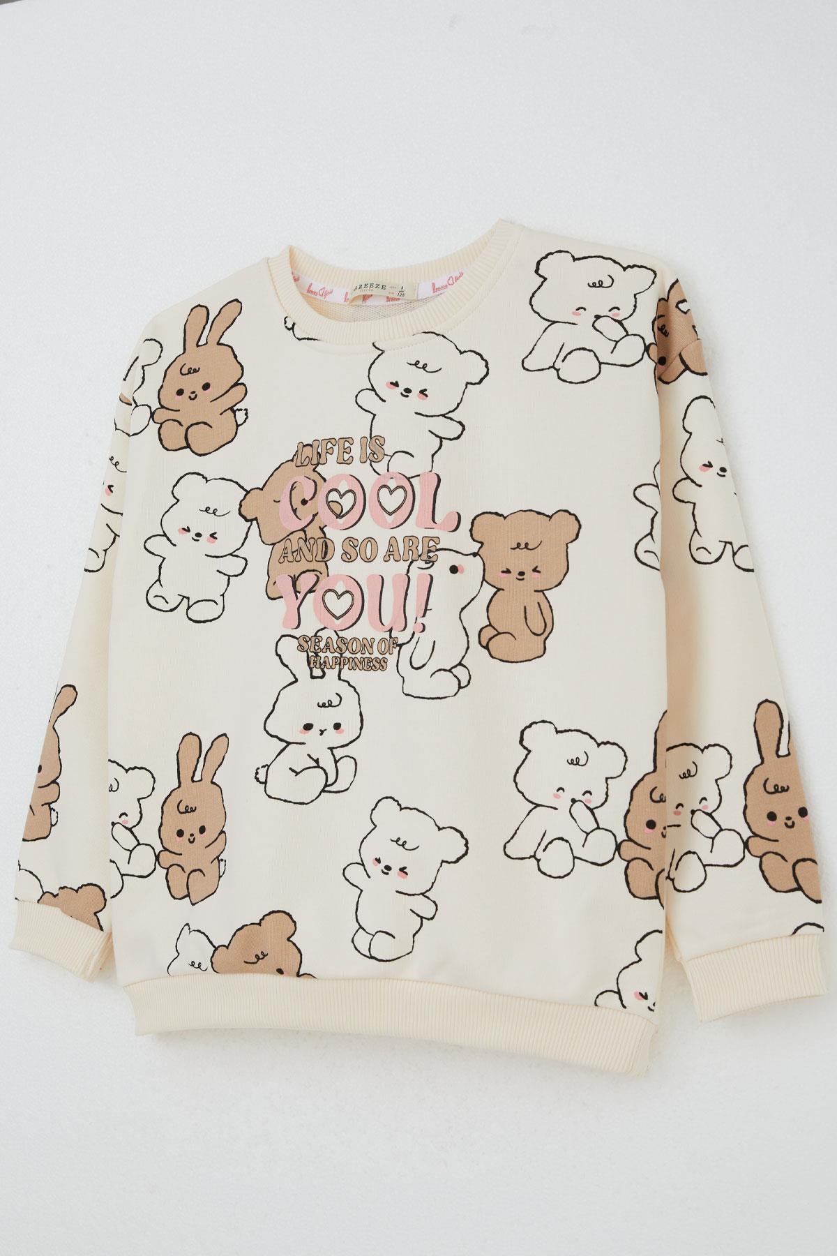 Breeze Kız Çocuk Eşofman Takımı Sevimli Dostlar Krem (4-8 Yaş)