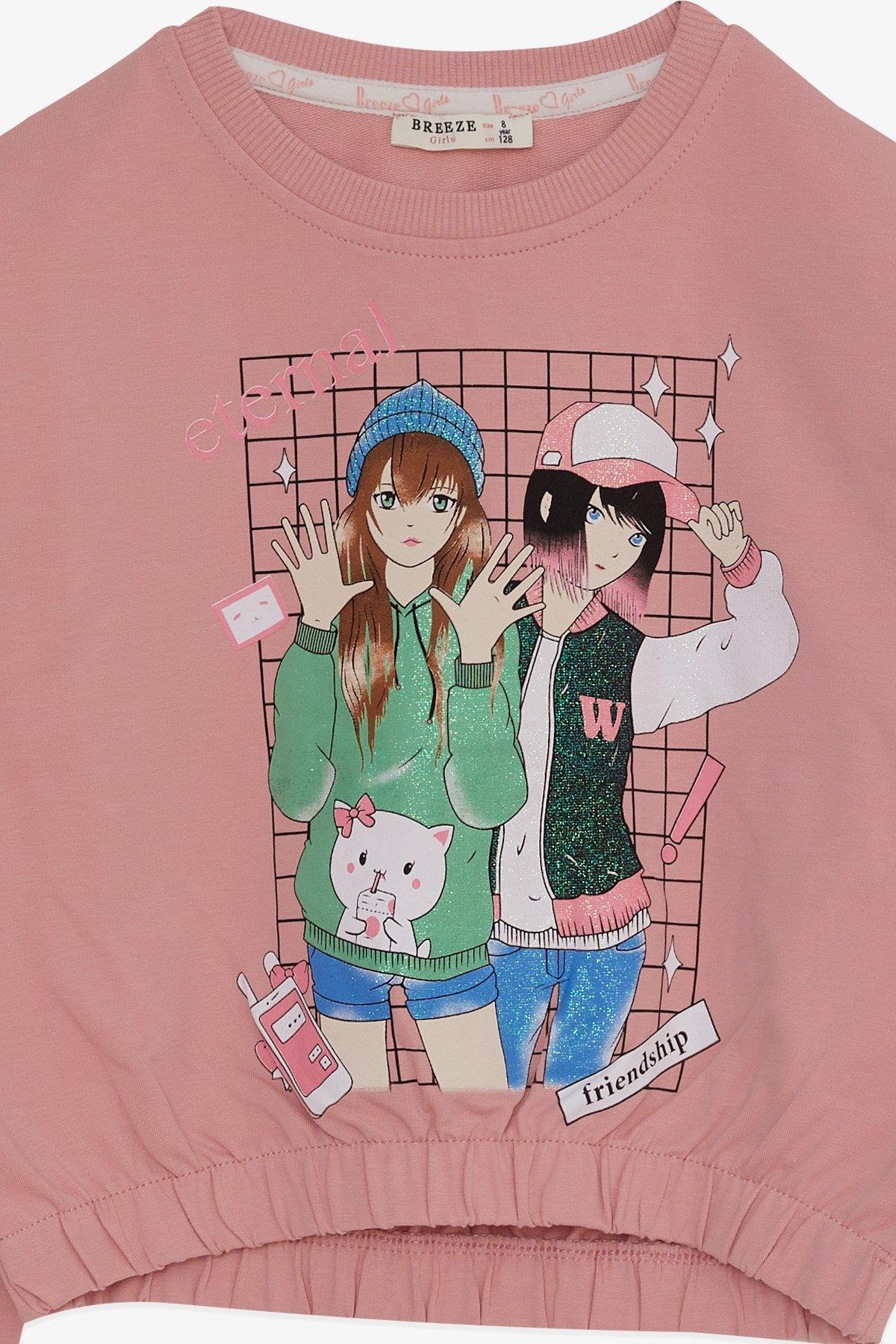 Breeze Kız Çocuk Eşofman Takımı Simli Kız Baskılı Gülkurusu (8-12 Yaş)