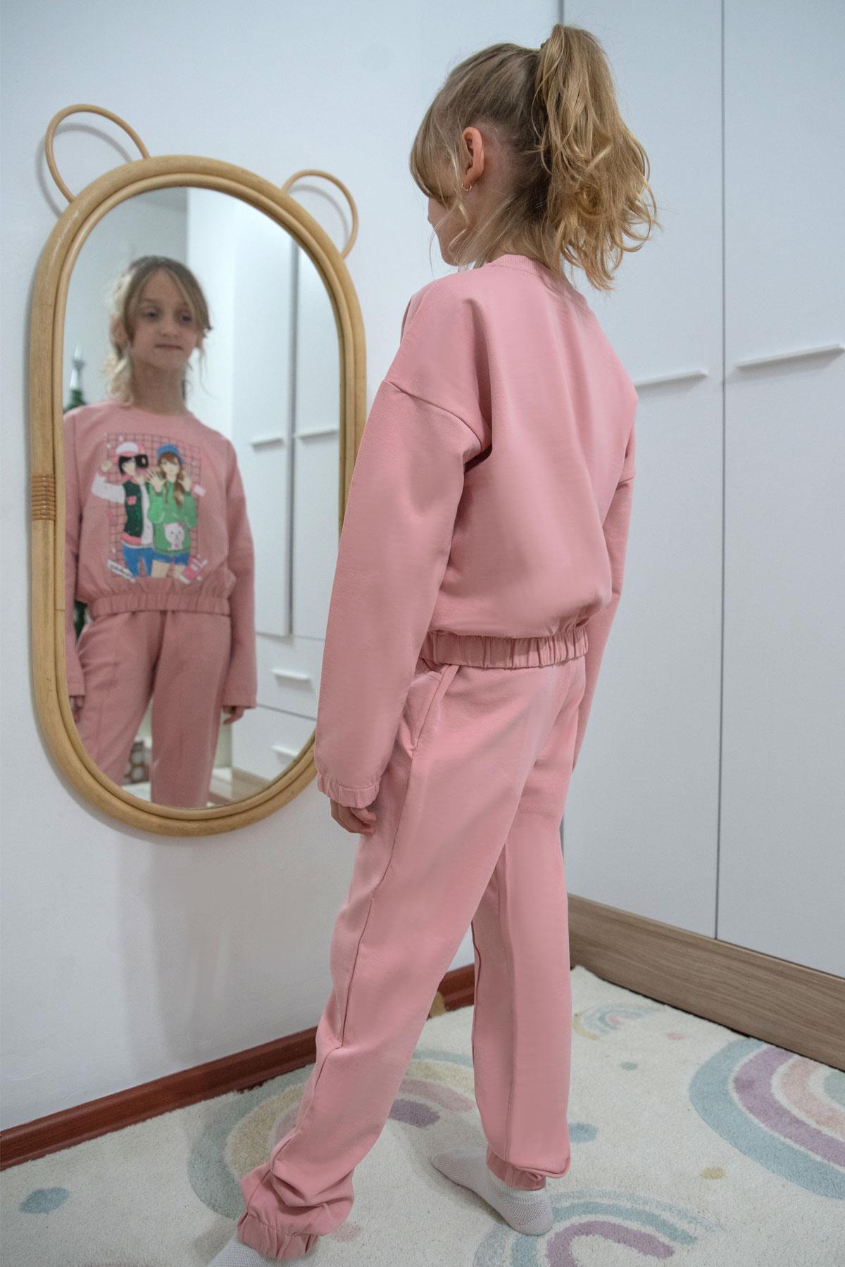 Breeze Kız Çocuk Eşofman Takımı Simli Kız Baskılı Gülkurusu (8-12 Yaş)