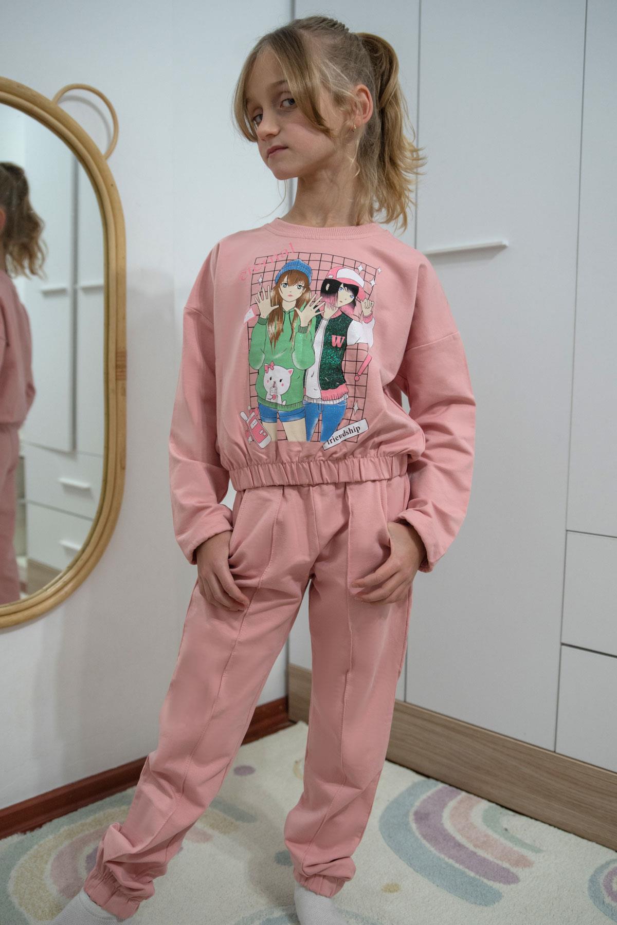 Breeze Kız Çocuk Eşofman Takımı Simli Kız Baskılı Gülkurusu (8-12 Yaş)