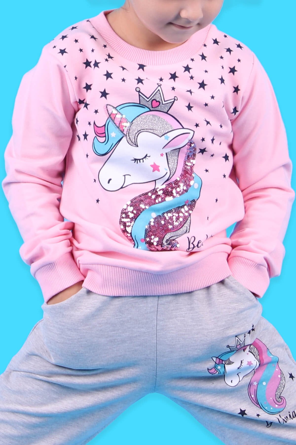 Breeze Kız Çocuk Eşofman Takımı Unicorn Desenli Pudra (2-6 Yaş)