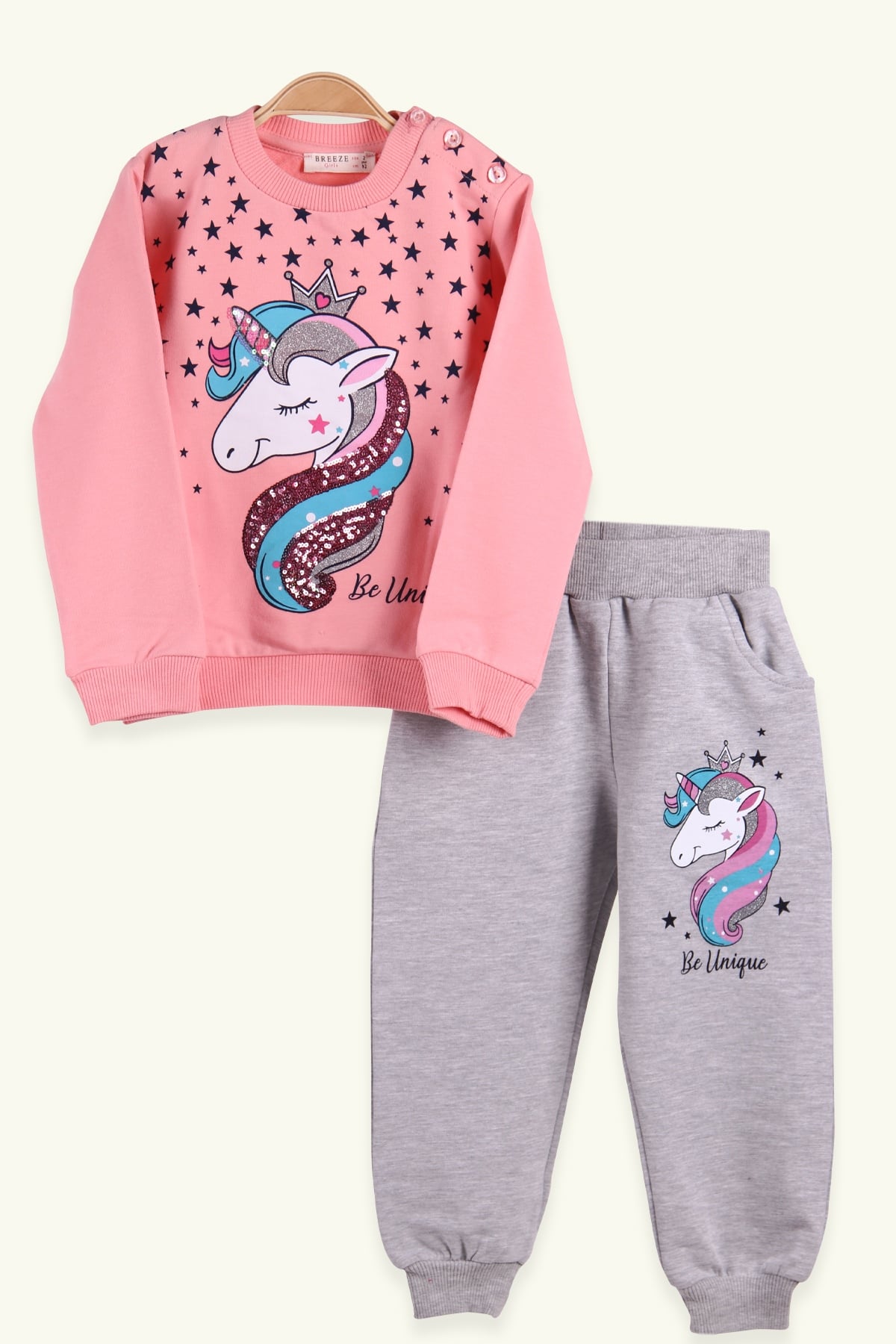Breeze Kız Çocuk Eşofman Takımı Unicorn Desenli Somon (2-6 Yaş)