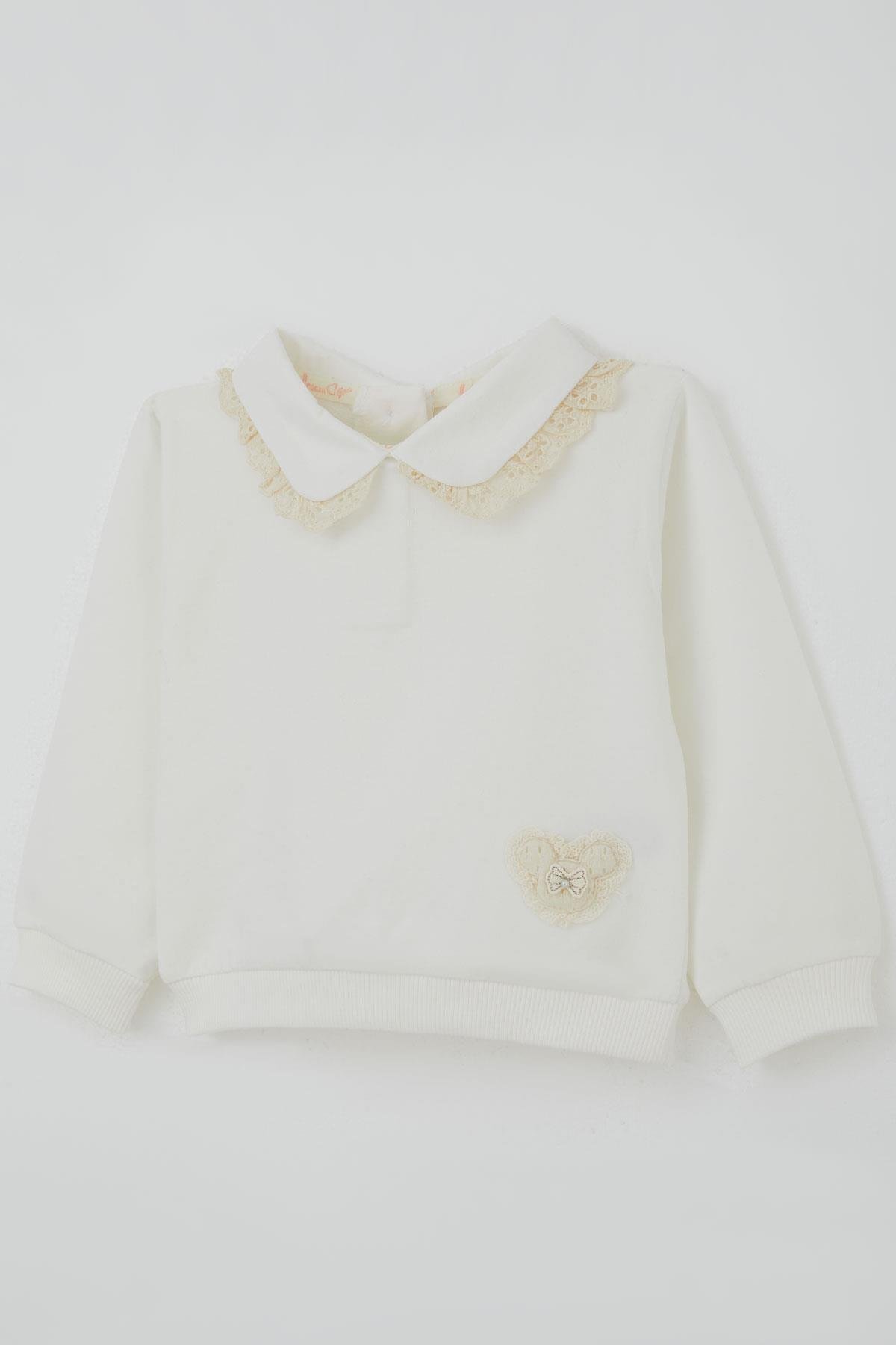 Breeze Kız Çocuk Eşofman Takımı Yaka Kısmı Güpür Detaylı Kalp Arma Detaylı Ekru (1.5-5 Yaş)