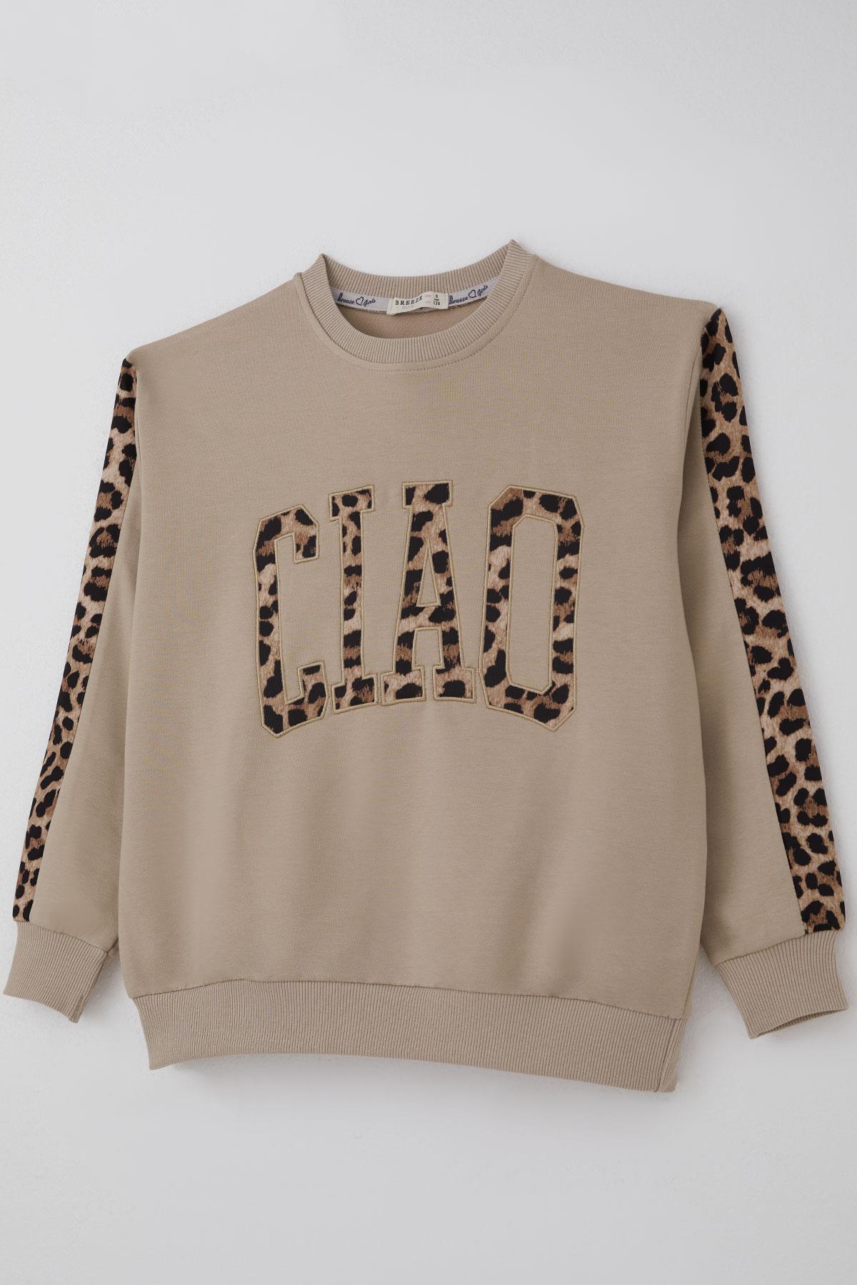 Breeze Kız Çocuk Eşofman Takımı Yazı Nakışlı Kenarları Leopar Desenli Bej (8-14 Yaş)