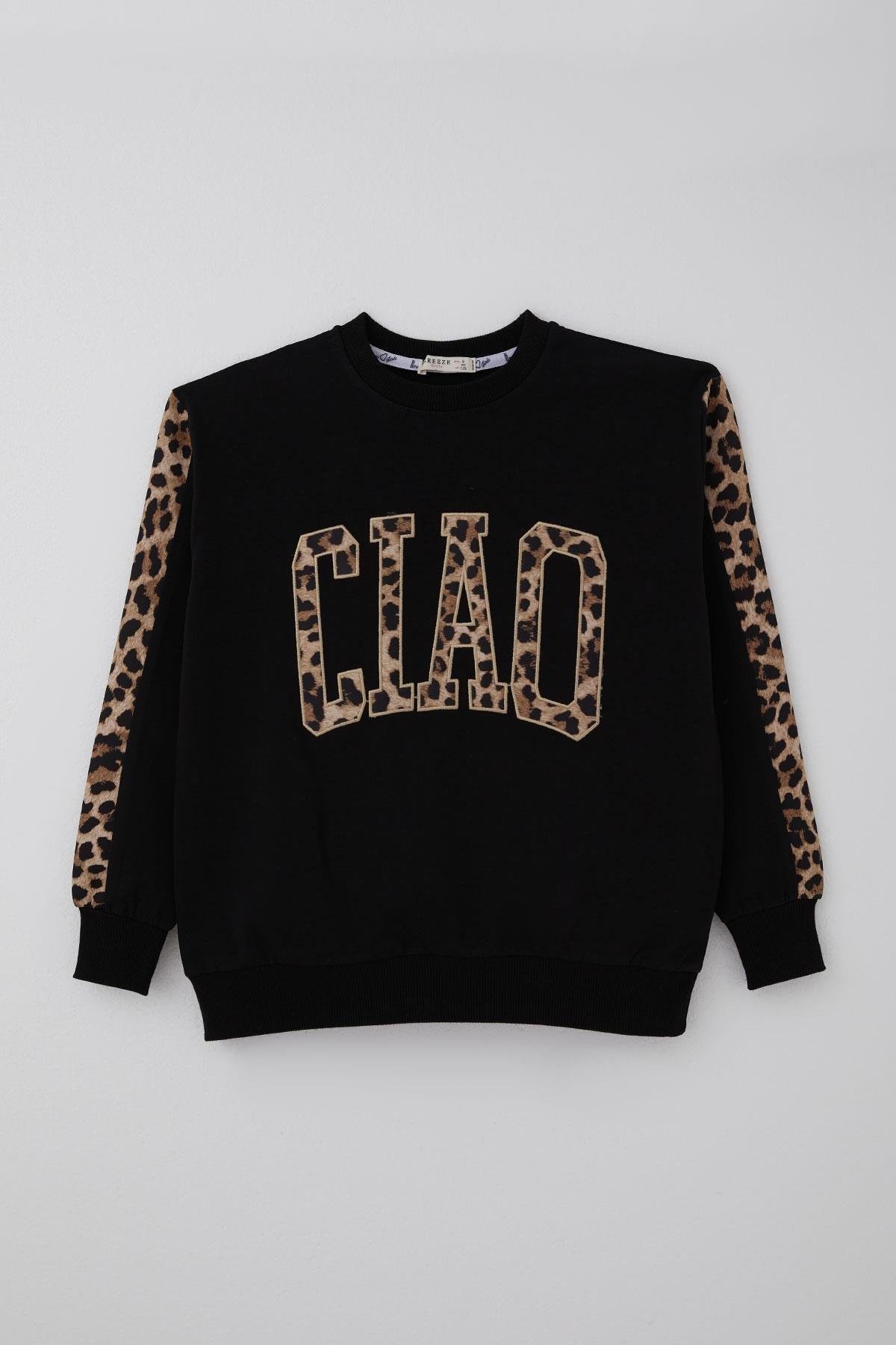 Breeze Kız Çocuk Eşofman Takımı Yazı Nakışlı Kenarları Leopar Desenli Siyah (8-14 Yaş)