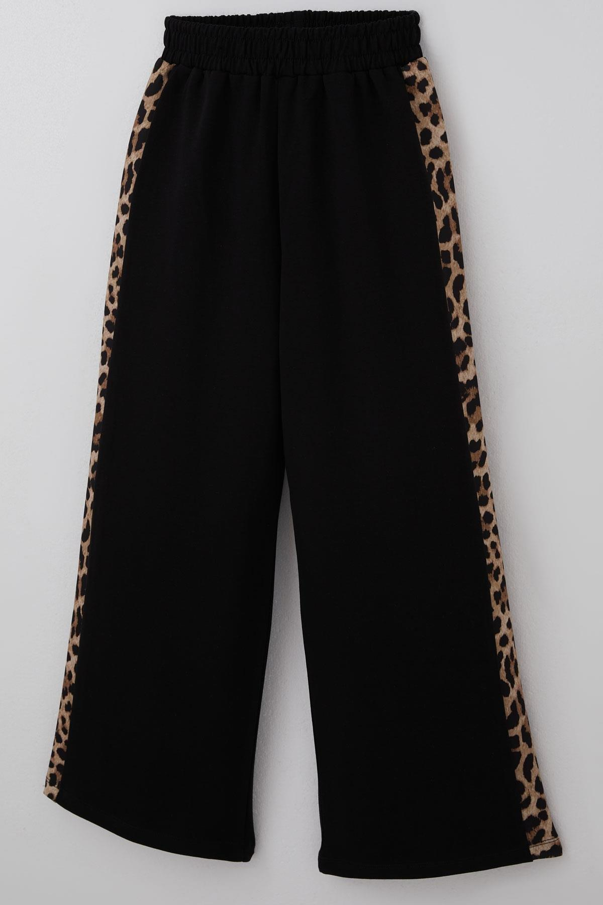 Breeze Kız Çocuk Eşofman Takımı Yazı Nakışlı Kenarları Leopar Desenli Siyah (9 Yaş)
