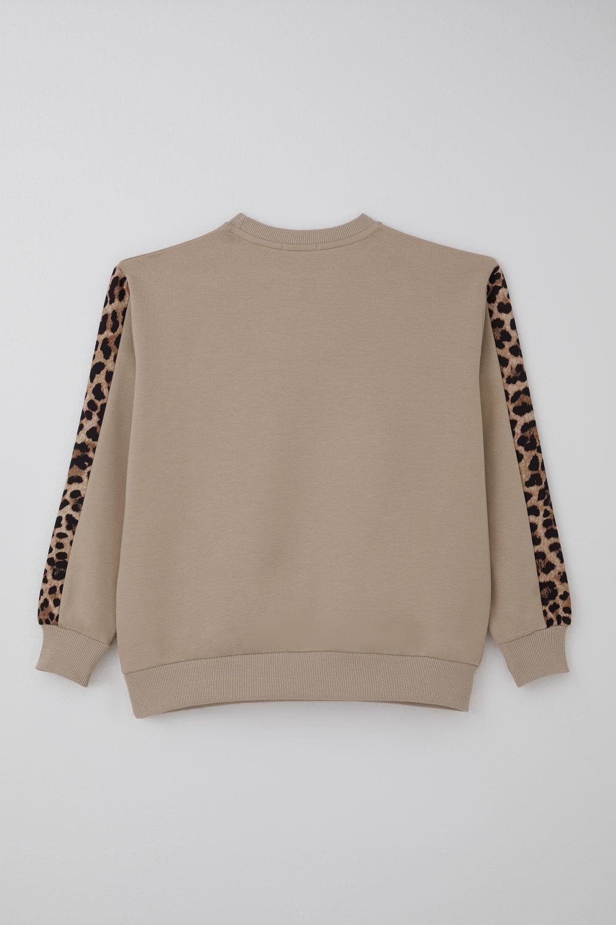 Breeze Kız Çocuk Eşofman Takımı Yazı Nakışlı Kenarları Leopar Desenli Bej (8-14 Yaş)