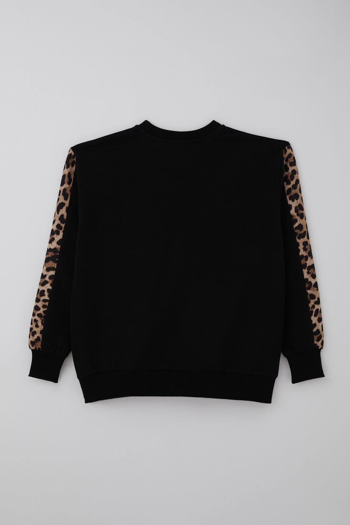 Breeze Kız Çocuk Eşofman Takımı Yazı Nakışlı Kenarları Leopar Desenli Siyah (9 Yaş)