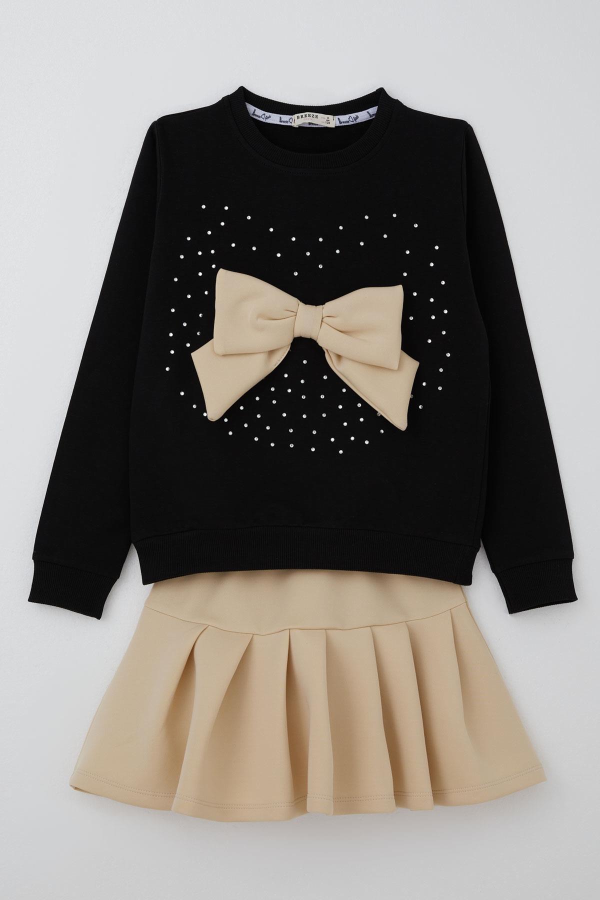 Breeze Kız Çocuk Etekli Takım Taş İşlemeli Fiyonk Aksesuarlı Siyah (6-12 Yaş)