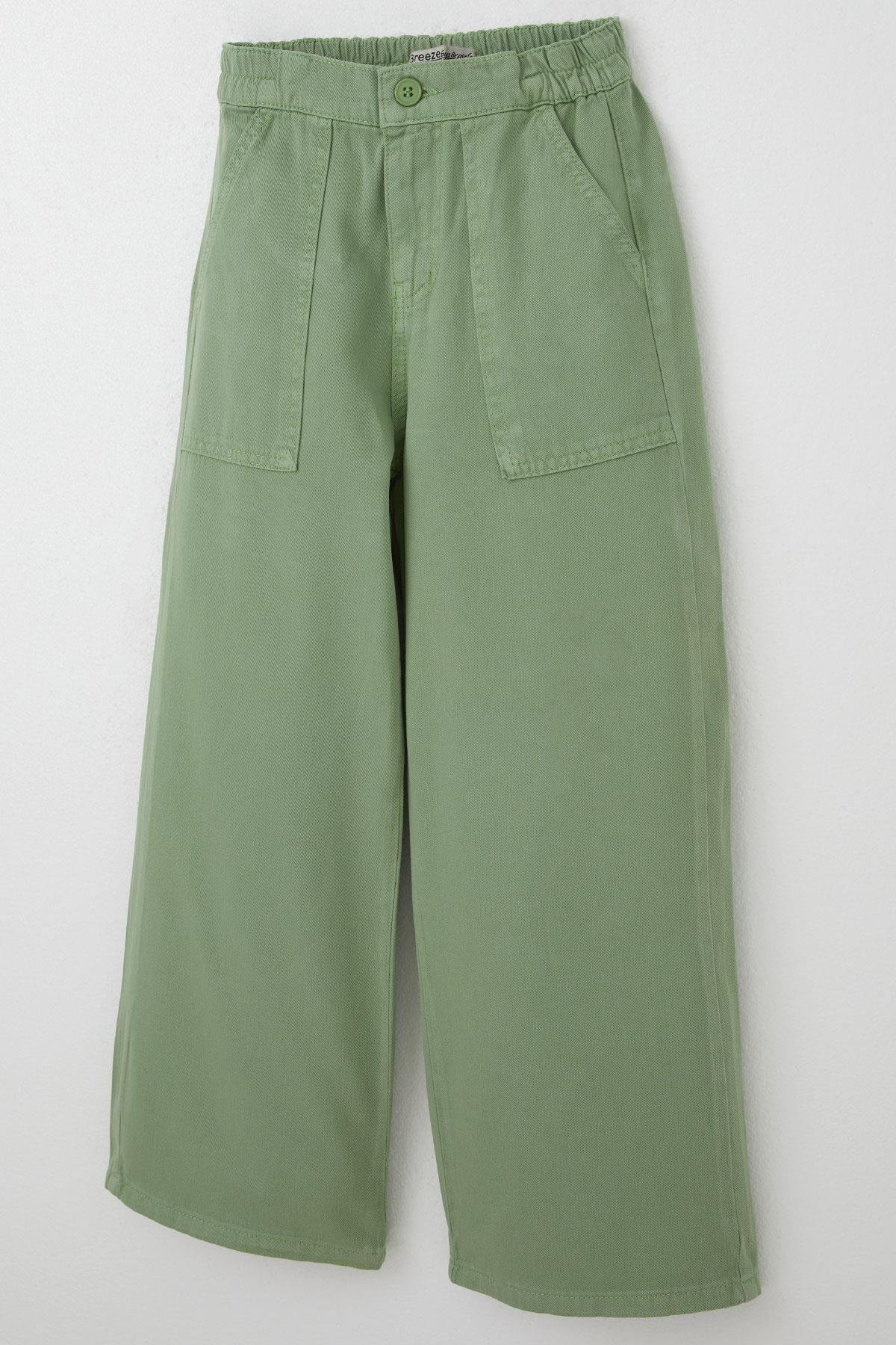 Breeze Kız Çocuk Gabardin Pantolon Geniş Paça Beli Lastikli Mint Yeşili (5-9 Yaş)