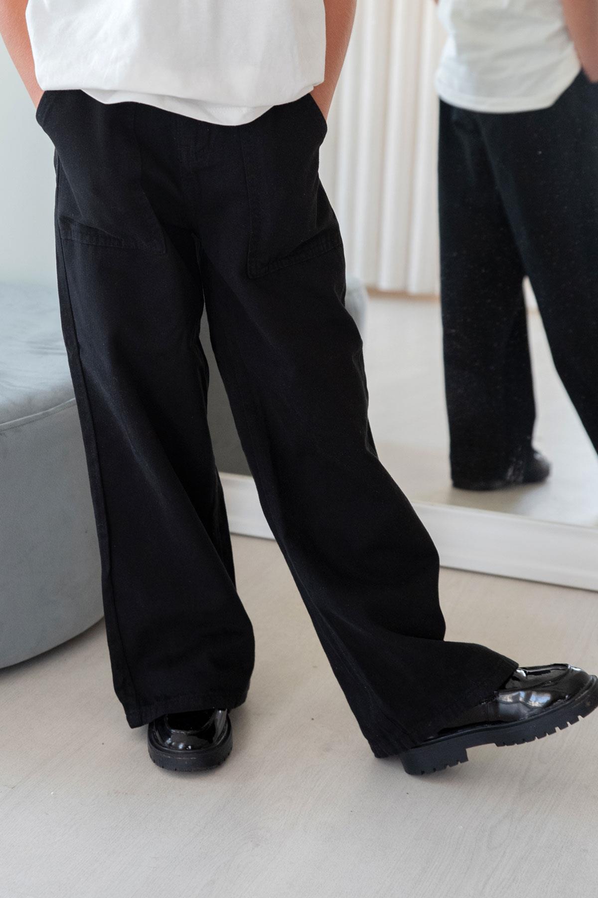 Breeze Kız Çocuk Gabardin Pantolon Geniş Paça Beli Lastikli Siyah (5-9 Yaş)