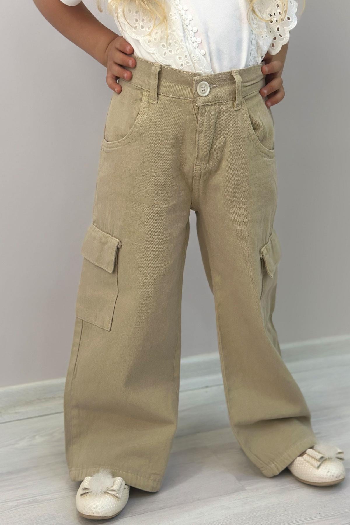 Breeze Kız Çocuk Gabardin Pantolon Kargo Cep Detaylı Haki Yeşil (6-11 Yaş)