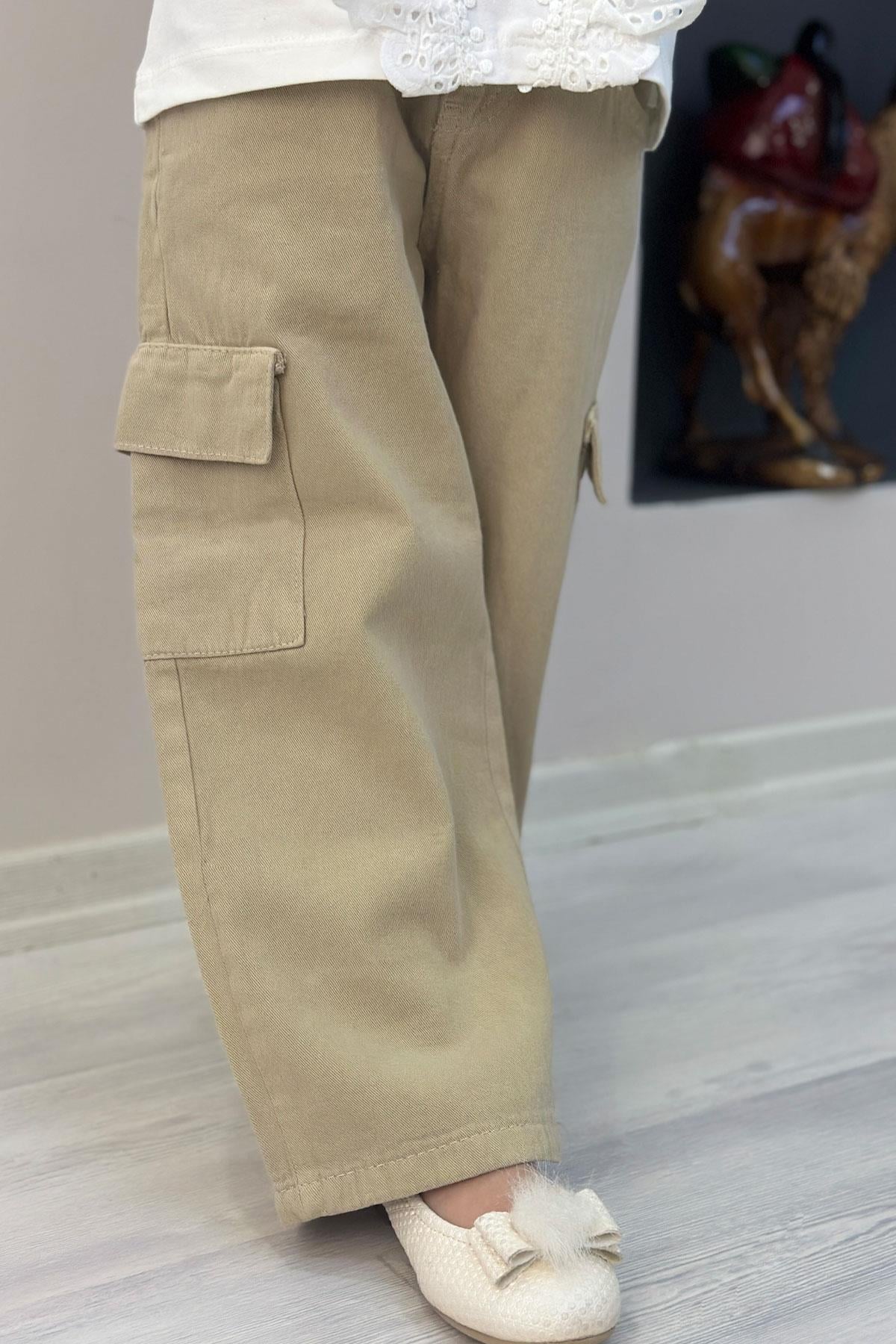 Breeze Kız Çocuk Gabardin Pantolon Kargo Cep Detaylı Haki Yeşil (6-11 Yaş)