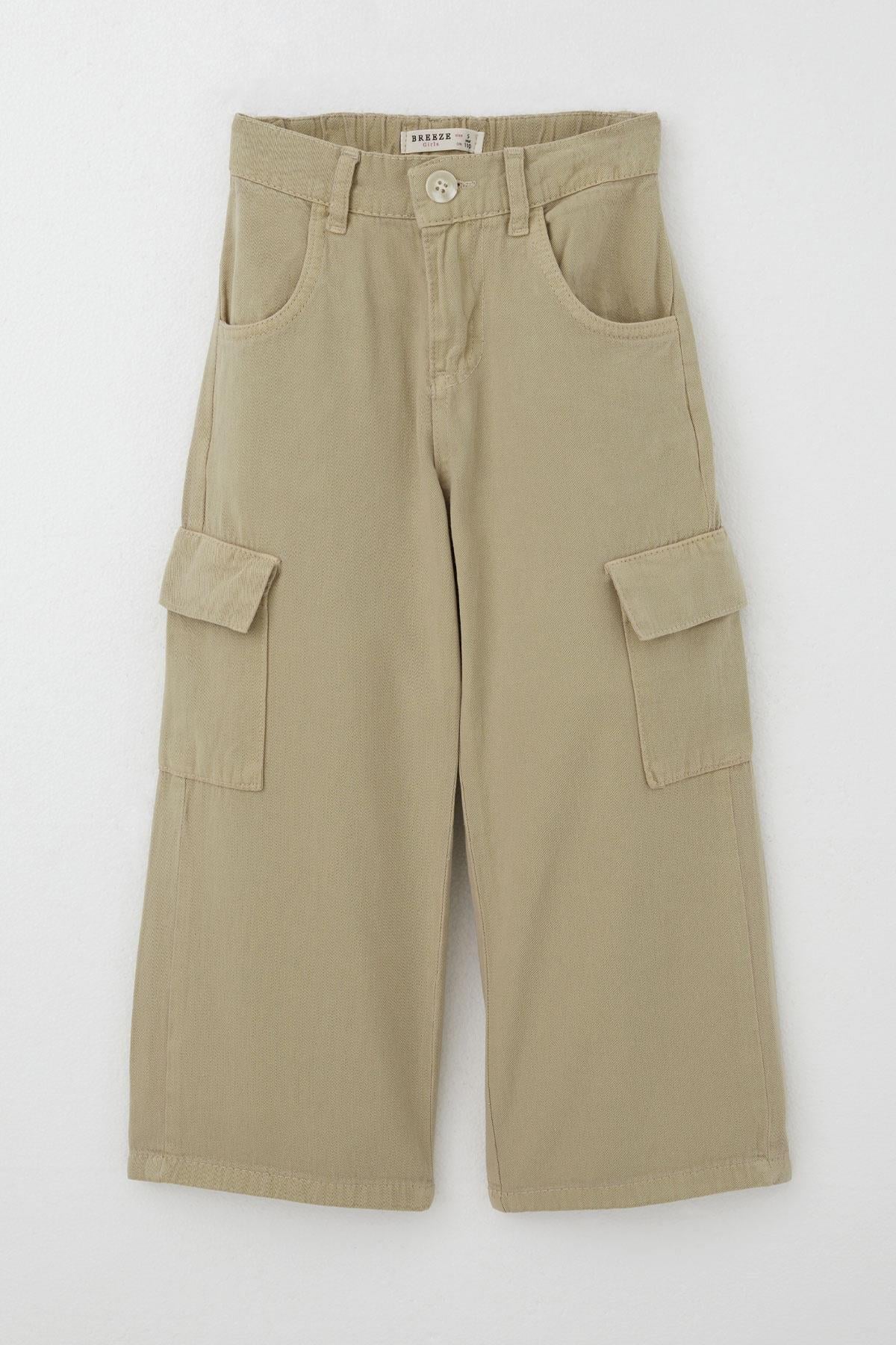 Breeze Kız Çocuk Gabardin Pantolon Kargo Cep Detaylı Haki Yeşil (6-11 Yaş)