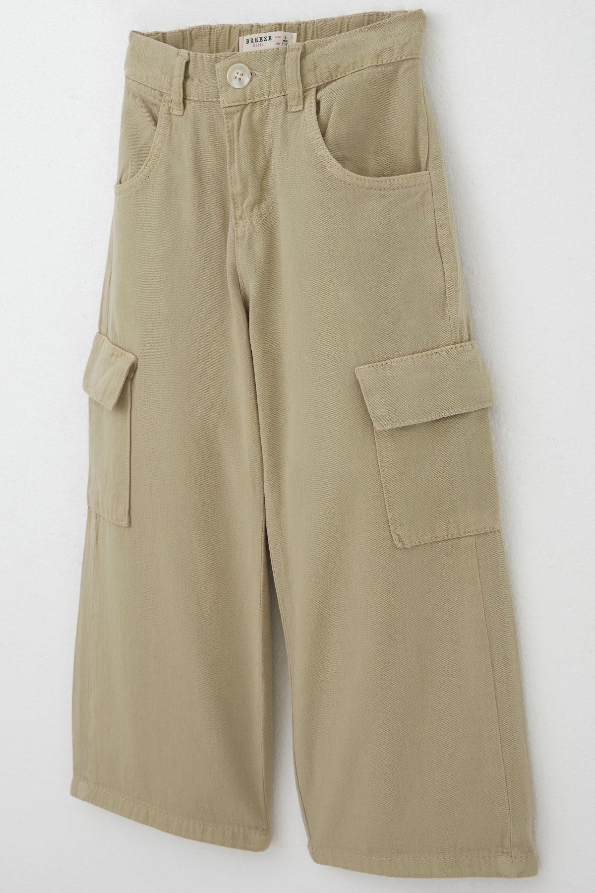 Breeze Kız Çocuk Gabardin Pantolon Kargo Cep Detaylı Haki Yeşil (5-14 Yaş)